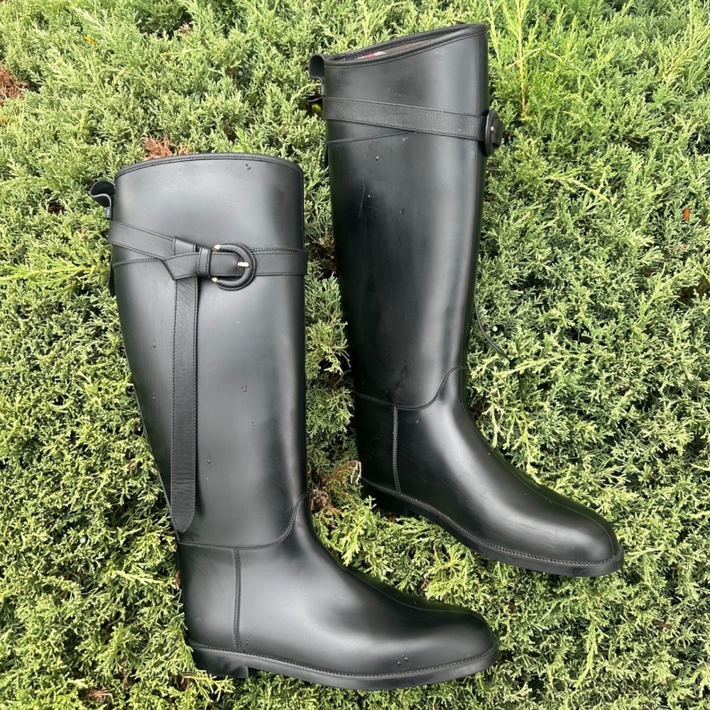 Burberry Black Rubber Rain Boots Check Lined Buckle Strap Riding Boots Size 40